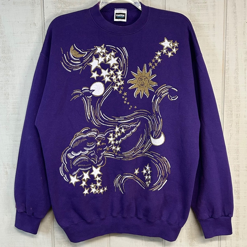 Vtg Tultex Celestial Cosmic Sweatshirt Adult XL Purple Glitter Gold 90s Whimsy